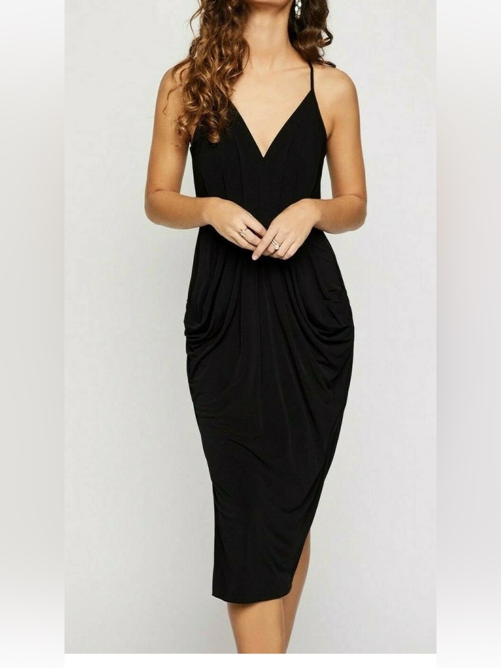 NWOT BCBG Generation Sleeveless Black Faux Wrap Draped Surplice Midi Dress